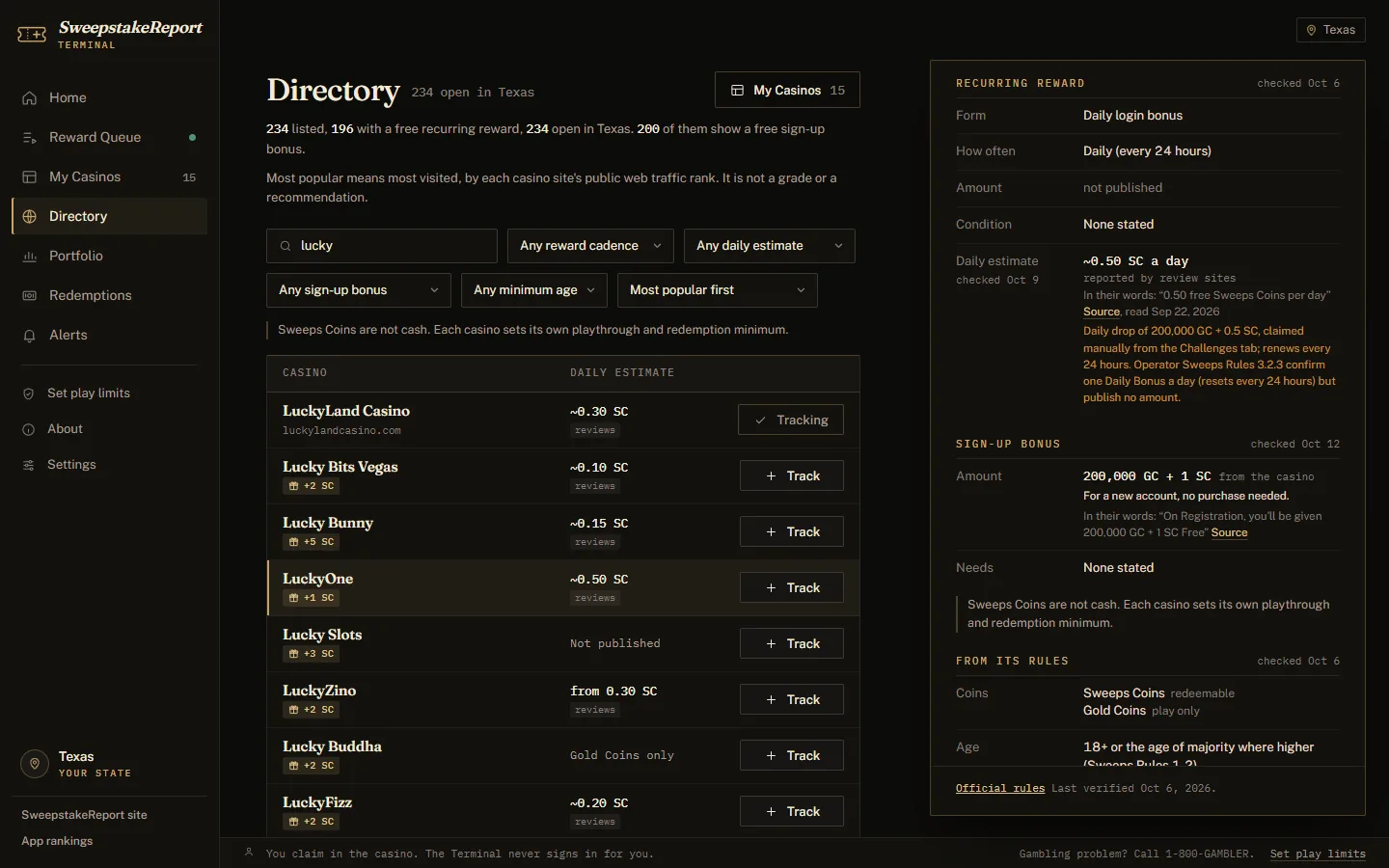 The directory in Texas, searched for lucky, with the sign-up bonus tags of casinos you do not track, and one casino's facts open: its recurring reward, its daily estimate with its source, and under them its free sign-up bonus for a new account, with its source and the date we checked it.
