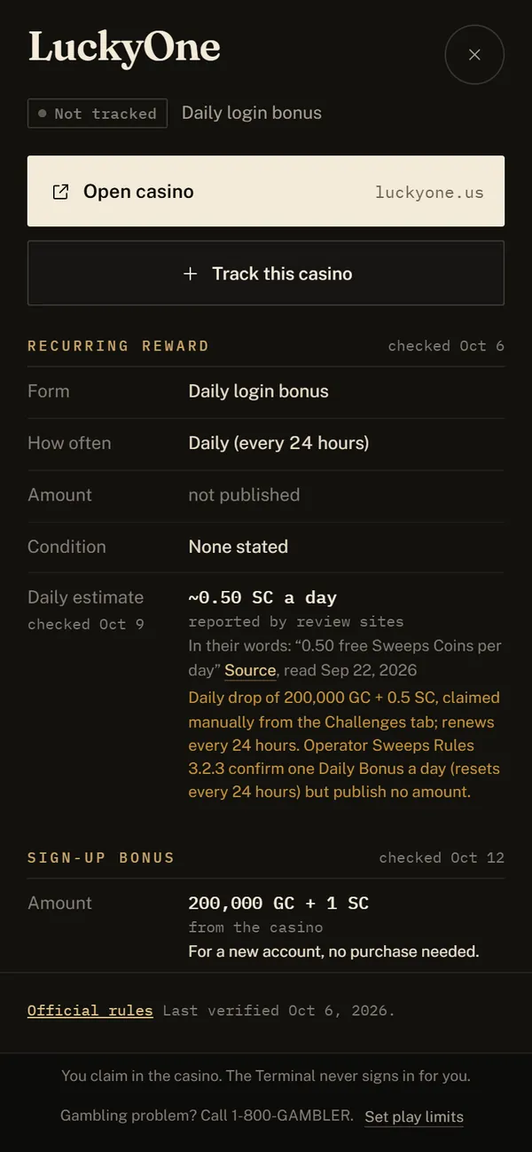 A casino's facts on a phone: its recurring reward, how often, its daily estimate with its source, and the start of its free sign-up bonus for a new account.