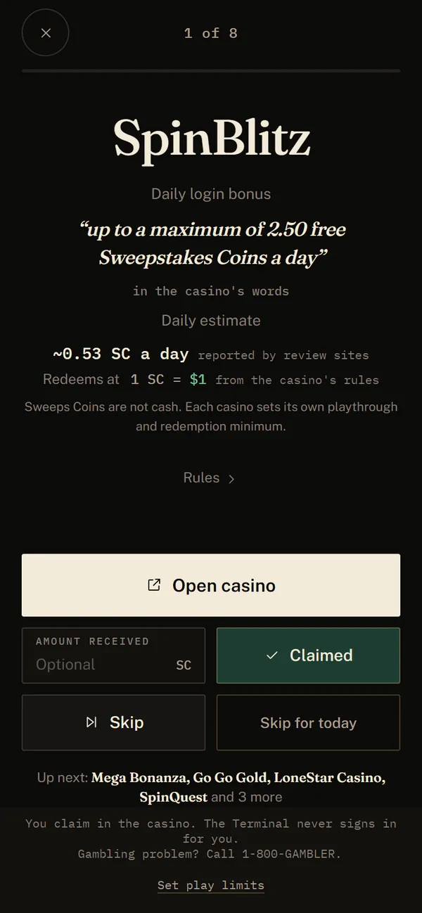 The Reward Queue on a phone: one casino at a time, with Open casino, an optional amount received, Claimed, Skip and Skip for today.
